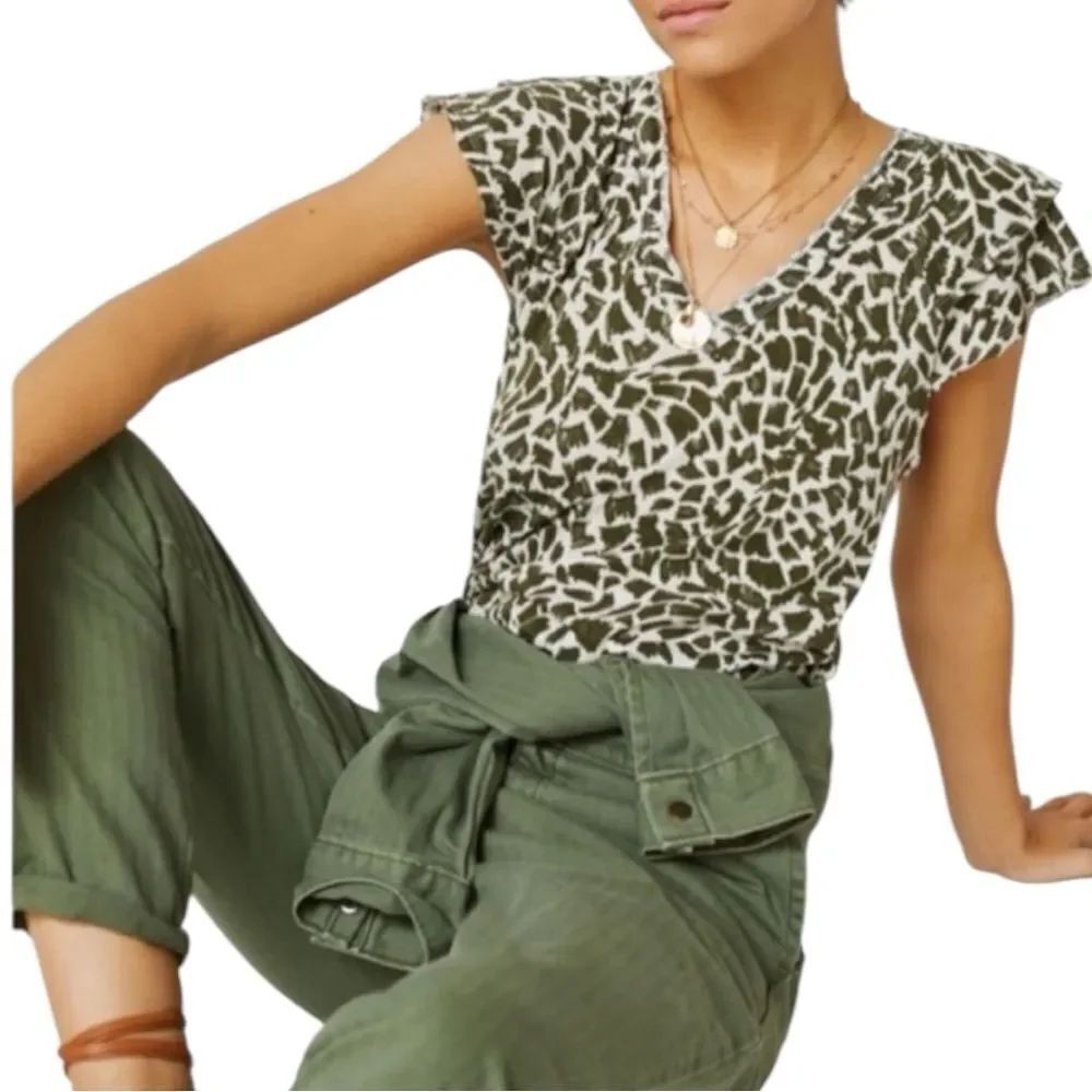 Maeve Anthropologie Catie Ruffle Sleeve Green White Tee